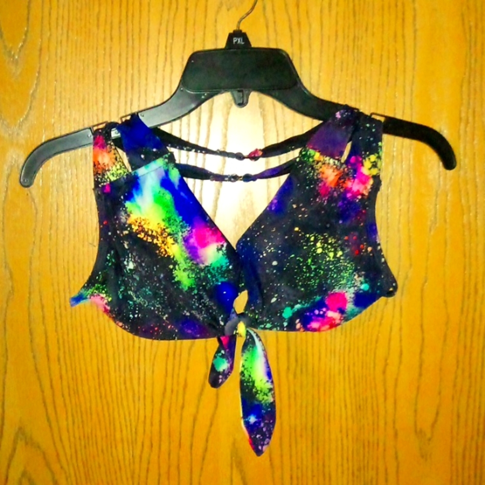 BLaCK/NeoN Tie-Dye print 2 piece w/ 2 clasp adjustable bikini 👙 top swim suit - Picture 4 of 8